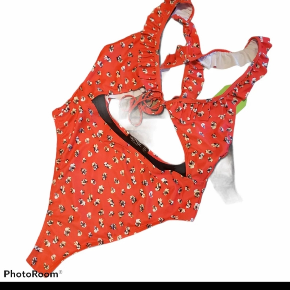 Nasty Gal red floral ruffle neck cut out swimsuit medium nwt